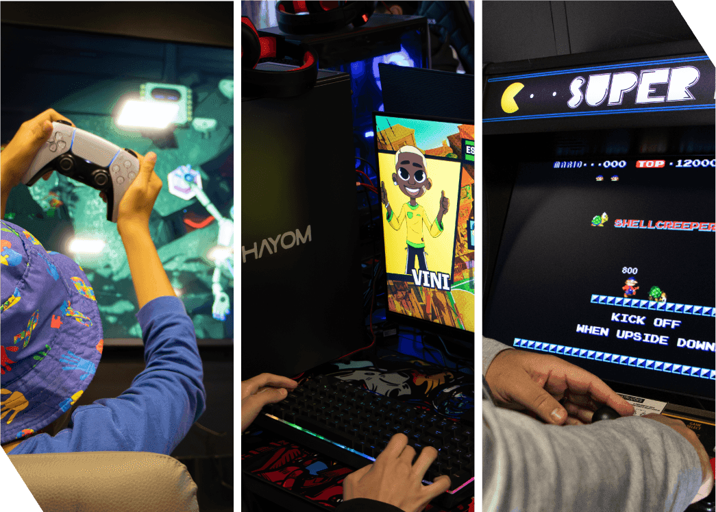 Pessoas jogando videogame e fliperama no Hub Futuro Gamer